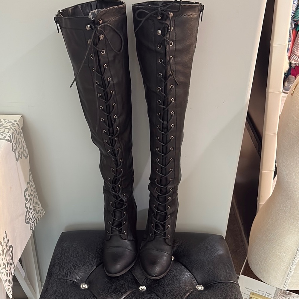 Black Lace-Up Knee-High Boots